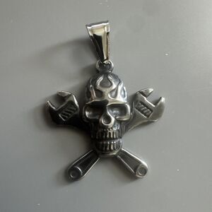 Skull Wrench Tools Gun Metal Plated Stainless Steel Pendant 24” Chain Plumber
